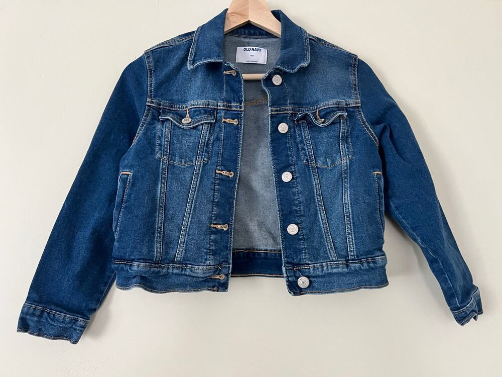 Old Navy Girls Denim Jacket Medium 8‎ Dark Blue Cropped Long Sleeve Button
